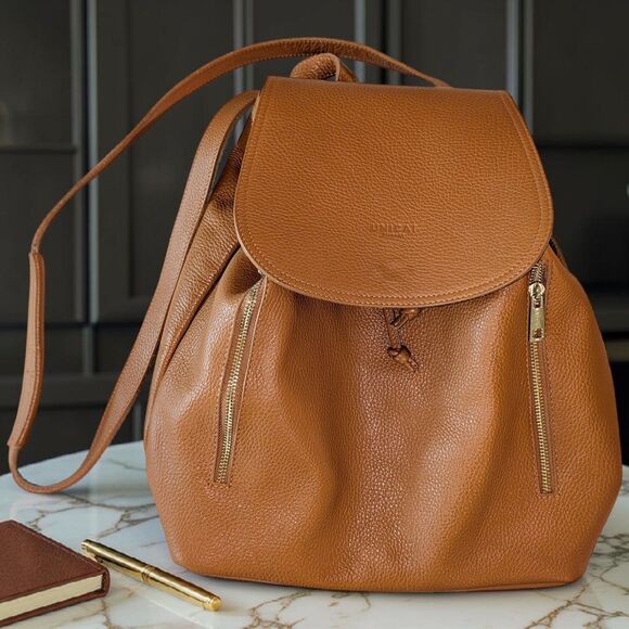 Vera Pelle Italian Leather Camel Convertible Backpack Shoulder Bag Pebbled main image 6